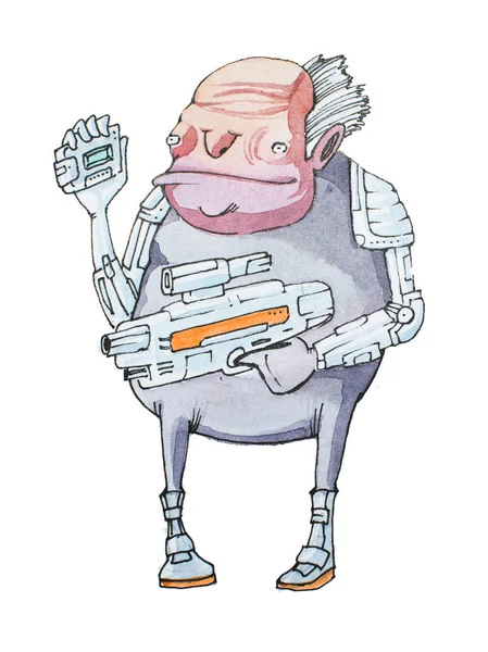 Illustration dessinée à la main d'un petit vieillard décrépit en costume futuriste tenant une arme et un gadget électronique — Photo
