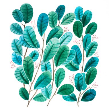 Yeşil yaprakları ve küçük kırmızı meyveler elle çizilmiş bir ağacın