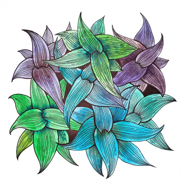 Buquê de folhas pintadas com cores pastel relacionados verde, azul e roxo. Vista superior da planta selvagem desenhada à mão com aquarelas — Fotografia de Stock