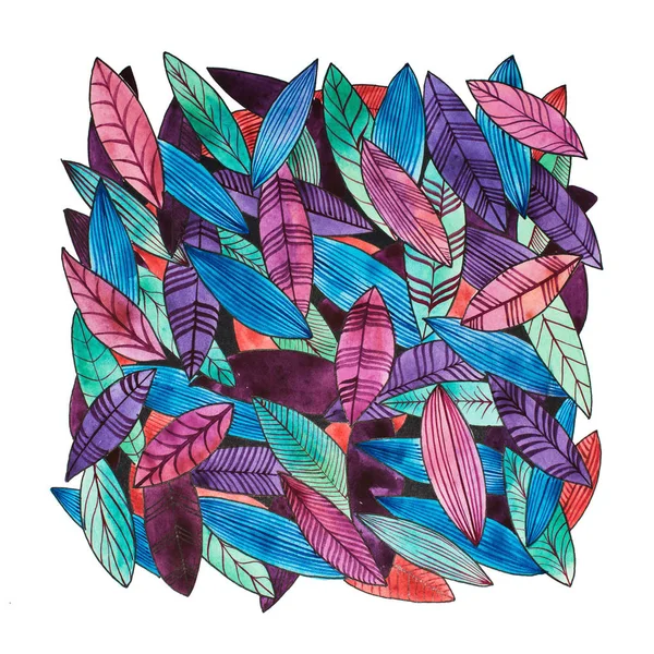 Illustration aquarelle de feuilles tombées dessinées dans un style ethnique en utilisant un schéma de couleurs violettes — Photo