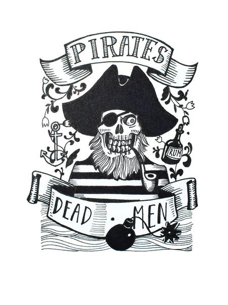 Černá a bílá ručně tažené skica pirát s lebkou v třírohém klobouku a piratic symboly a štítky — Stock fotografie