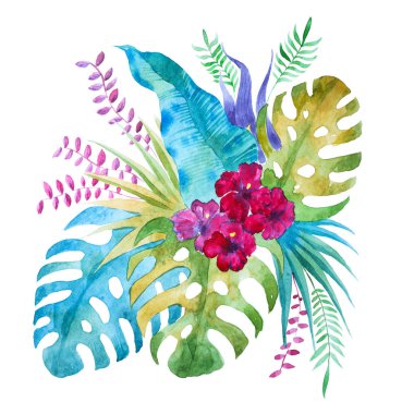 Egzotik liana yaprakları ve beyaz arka plan üzerinde izole lily Çin hibiscus çiçek ile suluboya tropikal buket