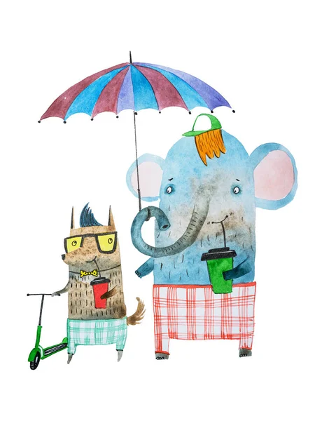 Два забавных друга животных, нарисованных акварелью. Мультфильм слон и собака гуляют под зонтиком пить кофе — стоковое фото