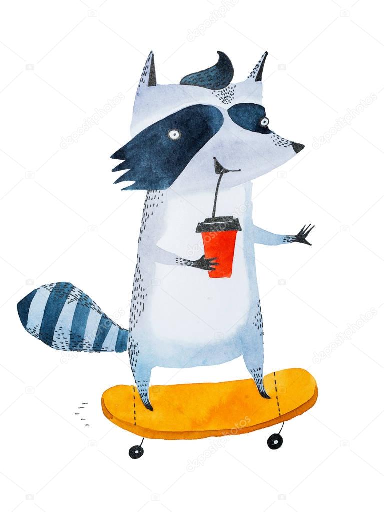 Stylish teenage raccoon drinking coffee to go from takeaway cup while riding on a skateboard. Watercolor sketch of cartoon character.