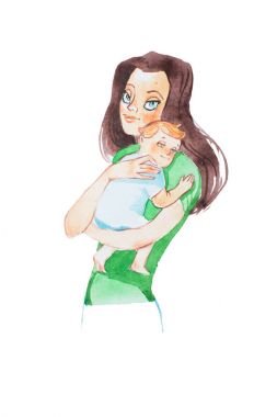 Uyumaya sarılma ve lulling bebek oğlu tutan güzel genç anne Aquarelle çizimi
