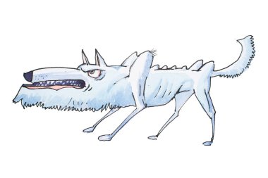 Watercolor illustration of skinny grey angry wolf grinning and growling before attack clipart