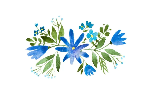 Pequeño ramo de flores silvestres azules. Ilustración floral Aquarelle . —  Fotos de Stock