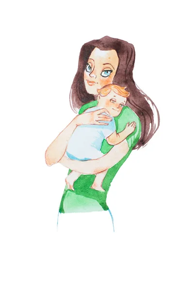 Aquarelle illustration of beautiful young mother holding her baby son hugging and lulling to sleep — Stock Photo, Image