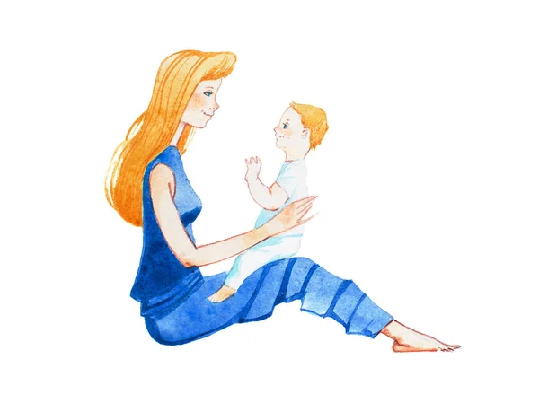 Профиль вида улыбающейся молодой матери, сидящей на полу с сыном на коленях, нарисованным акварелью — стоковое фото