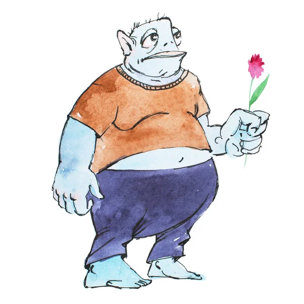 Full-length portrait of big fat cartoon monster in small T-shirt and trousers holding a flower in one hand drawn — Stock Photo, Image