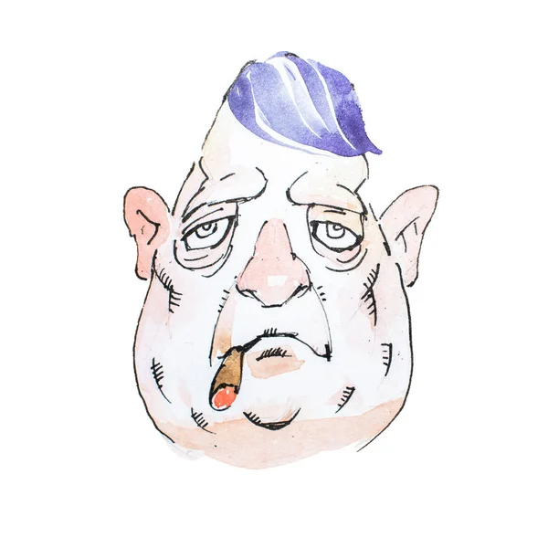 Retrato de aquarela personagem de desenho animado de meia-idade sombrio Mafioso ou gangster fumar charuto com olhar pesado — Fotografia de Stock