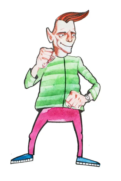 Карикатурний портрет крутого чоловіка середнього віку в яскравому одязі, що стоїть посміхаючись кулаками. Мультяшний чоловічий персонаж намальований акварелями — стокове фото