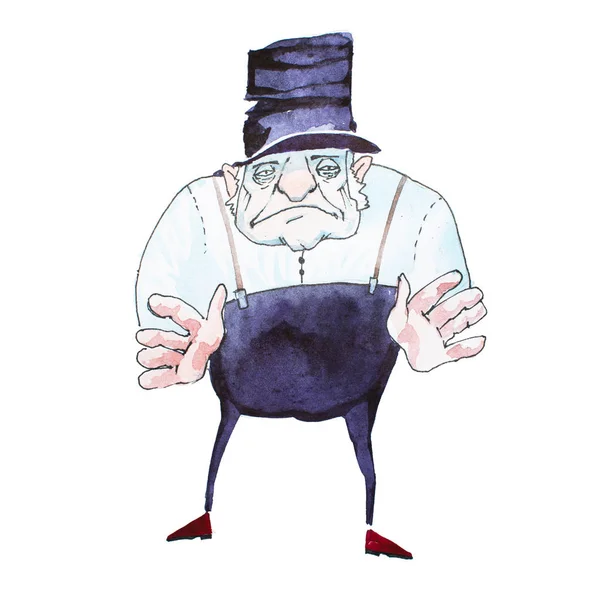 Портрет зловісного старого в чорному верхньому капелюсі, біла сорочка і штани з підтяжками, що досягають його рук — стокове фото