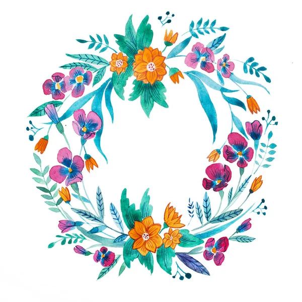 Mor vahşi homo ve turuncu papatya ile renkli çelenk elle suluboya ile çizilmiş bırakır.