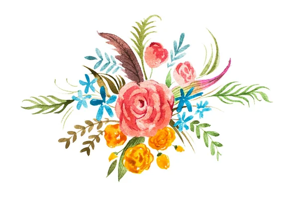 Akvarel kytici květin. Ručně malované dekorace prvek s růží, pomněnky, globe květiny a listy — Stock fotografie