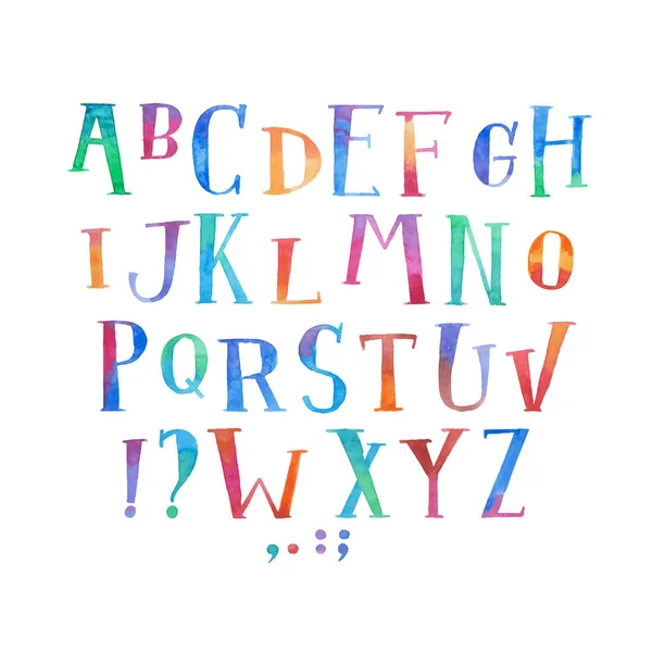 Colorful watercolor aquarelle font type handwritten hand draw abc alphabet letters — Stock Vector