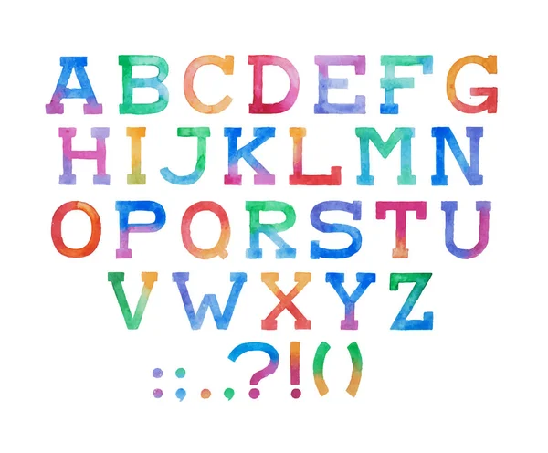 다채로운 수채화 해당 글꼴 형식 손으로 손을 그리기 abc 알파벳 편지 — 스톡 벡터
