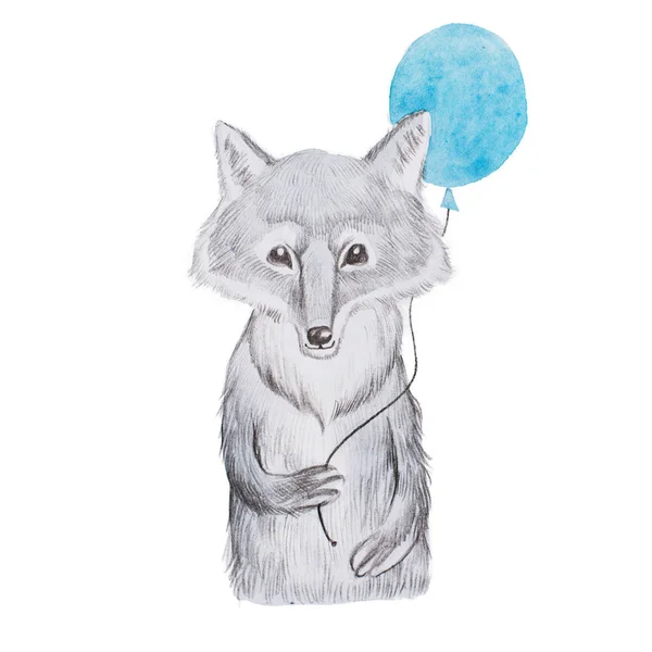 Fluffy dibujos animados realista lobo sosteniendo un globo azul — Foto de Stock