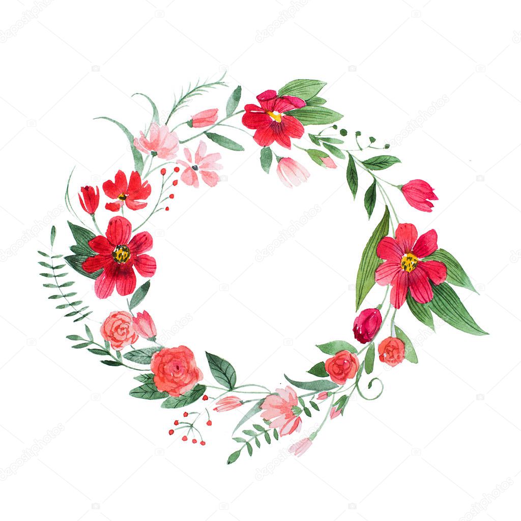Delicate floral made of pink and red flowers and leaves hand
