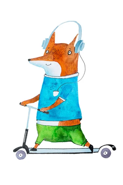 Ilustración acuarela dibujada a mano de un elegante zorro de dibujos animados en scooter con camiseta brillante y pantalones escuchando música en auriculares — Foto de Stock