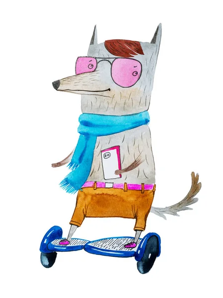 Акварельный эскиз собаки-хипстера с модной прической, розовыми очками и стильной одеждой, катающейся на ховерборде со смартфоном — стоковое фото