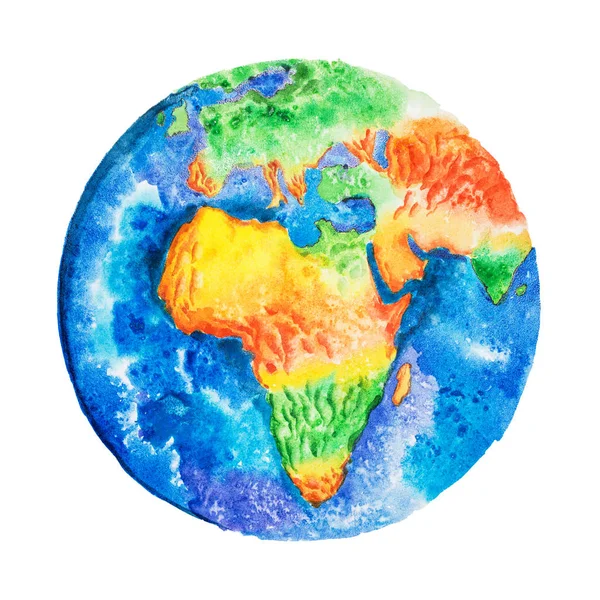Globus. Aquarellzeichnung einer afrikanischen Reliefkarte. Blick aus dem All auf die Erde. — Stockfoto