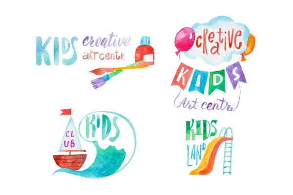Set di colorati bambini club di cura e di educazione simboli del centro disegnato con tecnica aquarelle — Foto Stock
