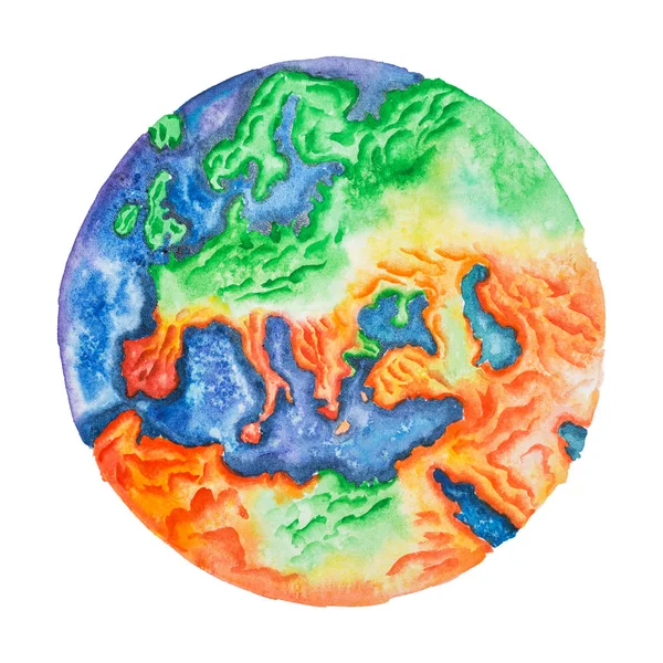 Hand-drawn watercolor illustration of topographic map of Europe. View to Earth from space — Stock Photo, Image