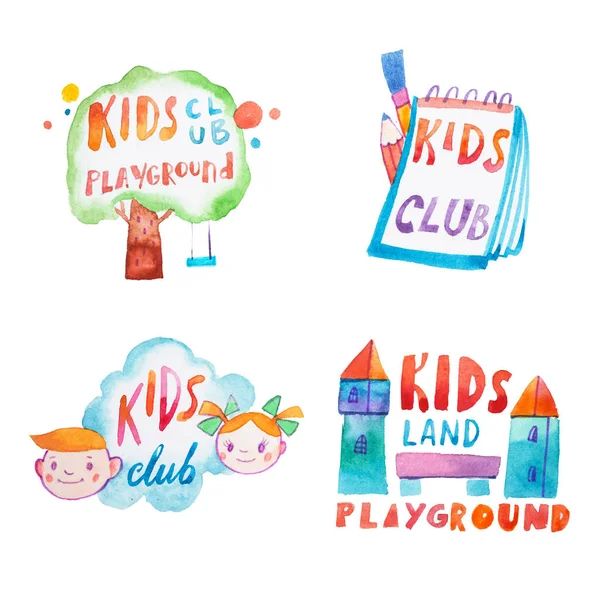 Samling av akvarell promotion symboler med kalligrafiska letterings av kids club lekplats — Stockfoto