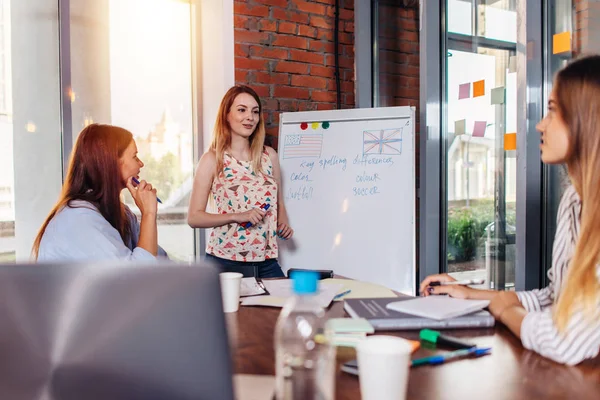 Young woman teaching English to adult students at language school — Stock Photo, Image