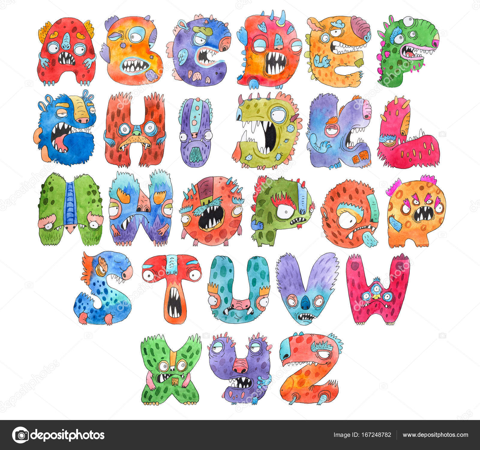 Funny watercolor cartoon English alphabet with monsters Stock Photo by  ©undrey 167248782