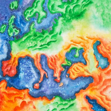 Çizilmiş suluboya çizimi Avrupa'nın topografik harita. Uzaydan Dünya'ya görüntülemek