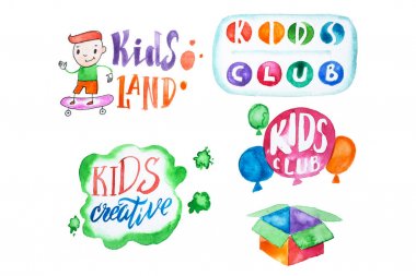 Çizimler ve letterings beyaz arka plan üzerinde izole çocuk kulübü için parlak renkli koleksiyonu