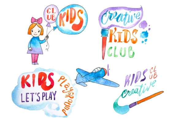 Hand-drawn watercolor logo set for kids club. Collection of promotional symbols for playground and entertaining center for children — Stock Photo, Image