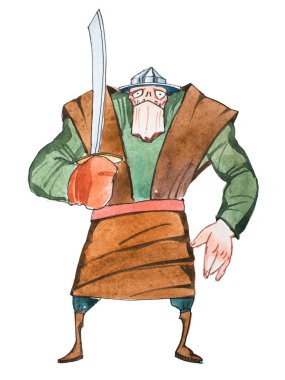 Büyük bir aptal savaşçı Ortaçağ giyinen çizilmiş bir kılıç tutan portresi