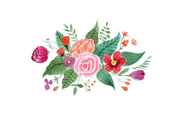 Aquarelle tekening van mooie, kleine boeket gemaakt van diverse rode, paarse en roze bloemen en bladeren geïsoleerd op witte achtergrond — Stockfoto