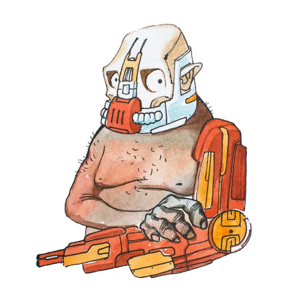 Personagem cómica desenhada à mão. Esboço aquarela do homem ciborgue com máscara robótica e braço robô protético usado como arma . — Fotografia de Stock