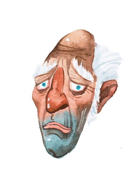 Karikatura smutný starý muž s dlouhým tváře kreslené s akvarely — Stock fotografie