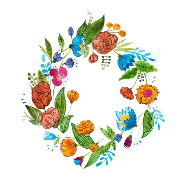 Composición floral Aquarelle para diseño de tarjetas o elemento decorativo. Corona de acuarela dibujada a mano aislada compuesta de flores y hojas brillantes —  Fotos de Stock
