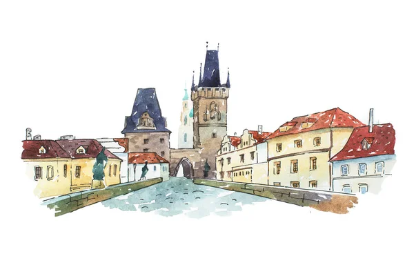 Aquarel schilderij van Karelsbrug in Praag, Tsjechië, Europa. — Stockfoto
