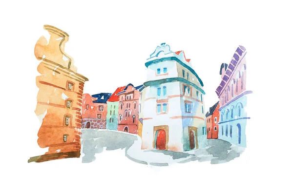 Akvarell festészet portugál utca a régi, történelmi épületek — Stock Fotó