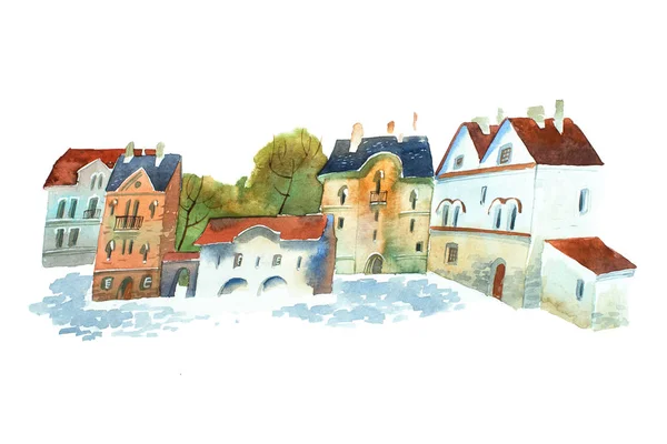 在欧洲小镇的旧建筑物的手绘水彩画图片 — 图库照片