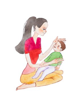 El boyaması aquarelle bir genç anne bebek oğlunun başını okşayarak tutan katta oturan çizim