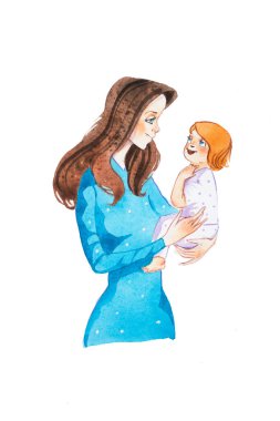 Genç anne bebeği uyku lulling. Bebek annesiyle çizilmiş karikatür