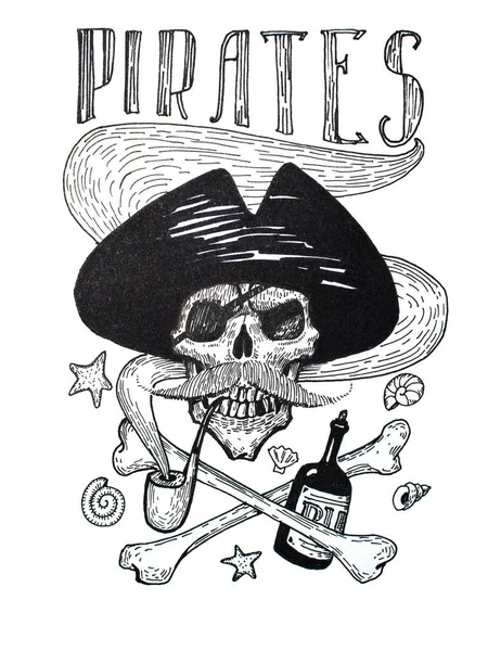 Black-and-white drawing of pirates attributes composition: skull, mustache, anchor, rum and bones — Stock Photo, Image