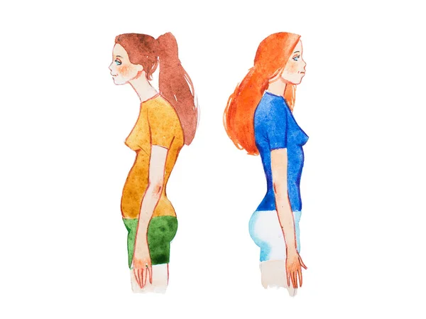 右と間違った姿勢で人の水彩イラスト。通常の健康な背骨と比較で異常の病気脊椎の女性. — ストック写真