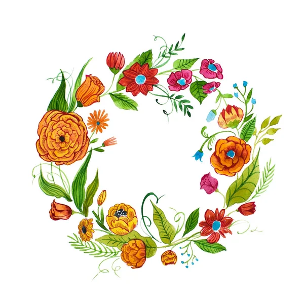 Turuncu, kırmızı ve pembe çiçeklerden yapılmış çiçek diadem suluboya çizimi — Stok fotoğraf