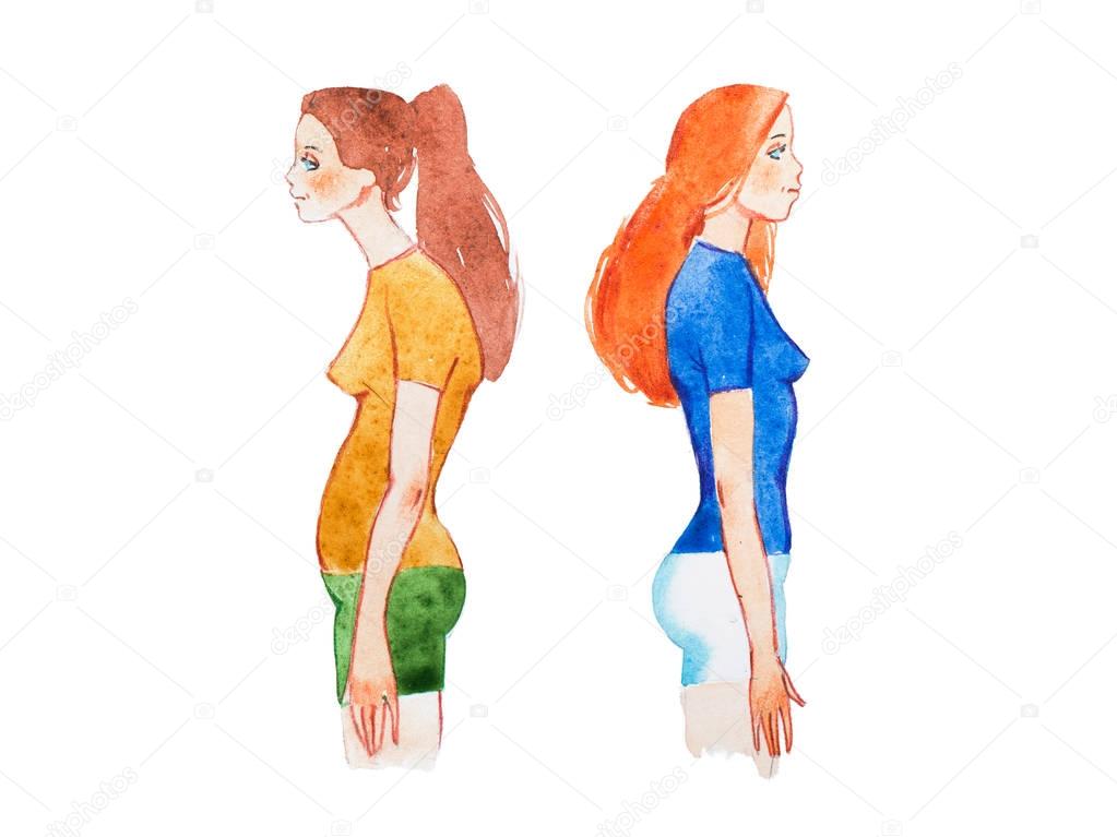 Watercolor illustration of people with right and wrong posture. Woman with normal healthy spine and abnormal sick spine in comparison.