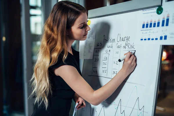 Zakenvrouw evaluatie van de risico's van een nieuwe bedrijfsstrategie tekenen van een grafiek op het whiteboard staan in een vergaderruimte — Stockfoto