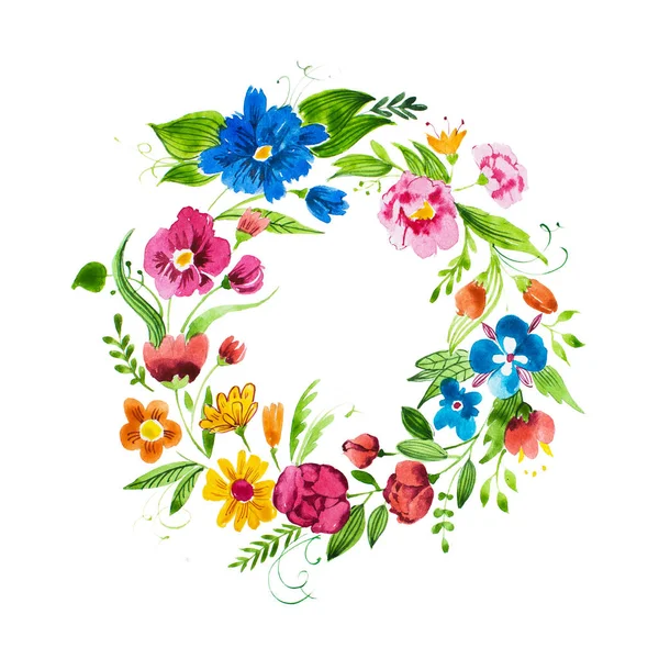 Hand getekende aquarel krans van bloemen en bladeren. Geïsoleerde aquarelle decoratieve bloemen element. — Stockfoto